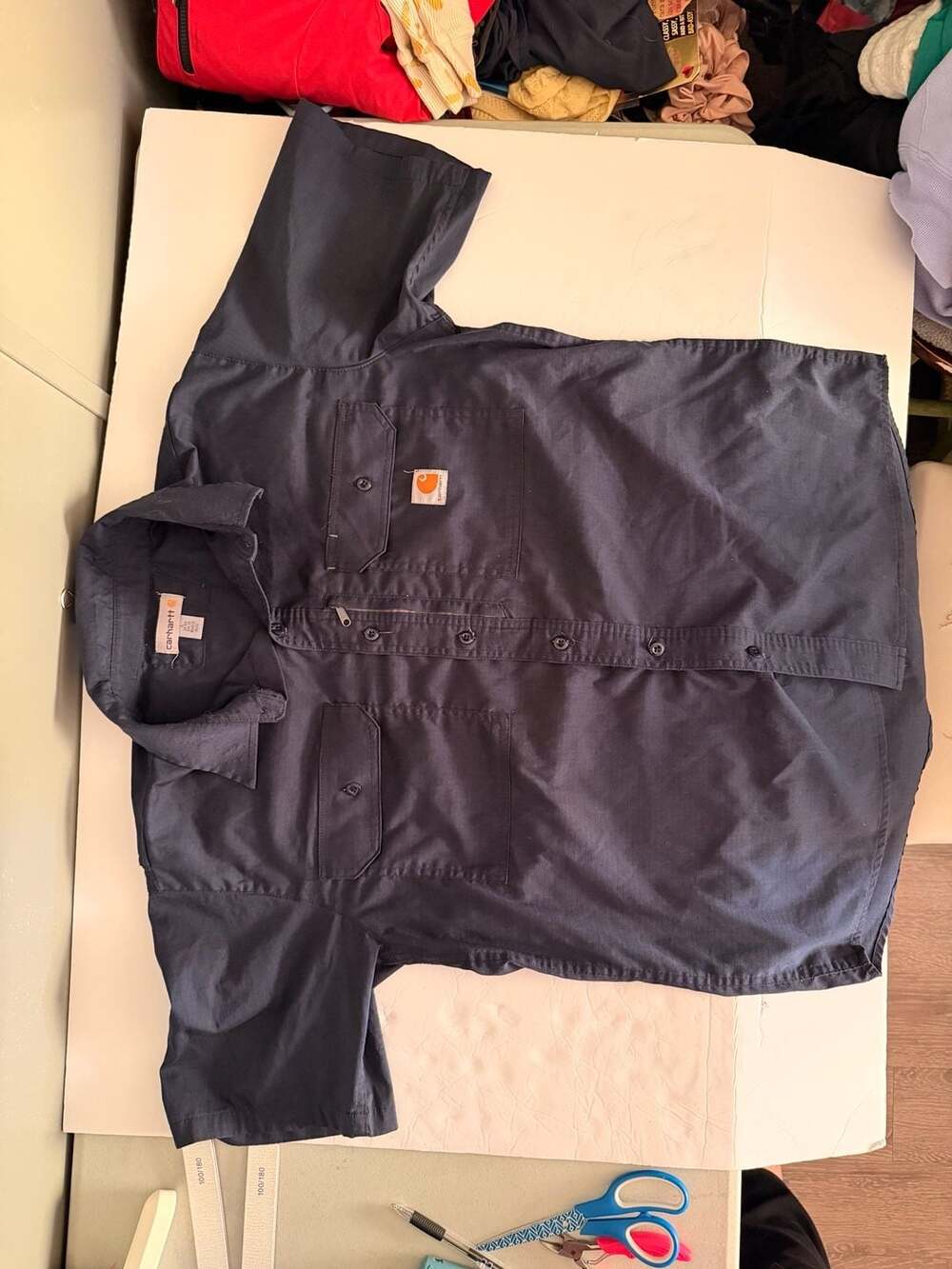 Carhartt Men's Short Sleeve Button Up Work Shirt W/ Zip Pocket Navy Blue Size L